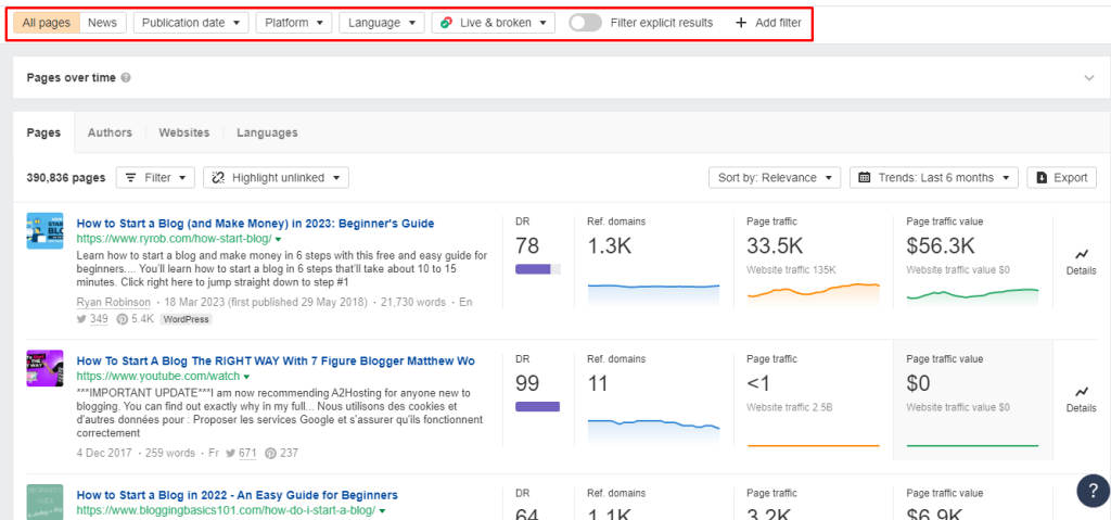 Filters in Ahrefs Content Explorer