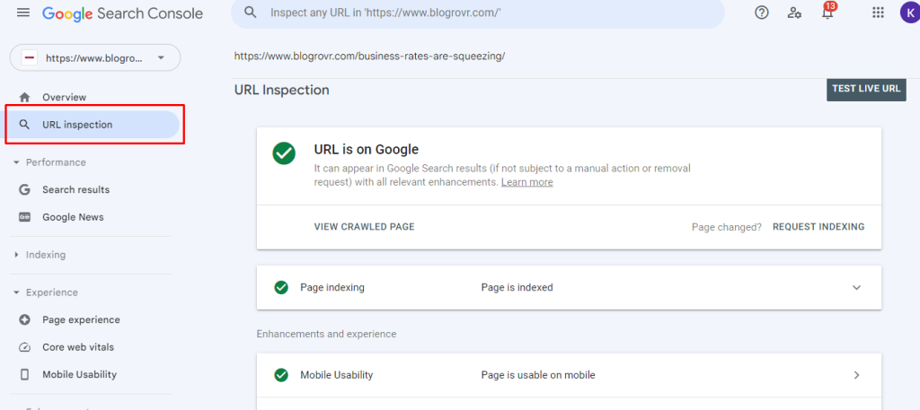 URL inspection tool