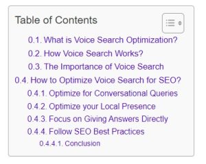 use of table of contents