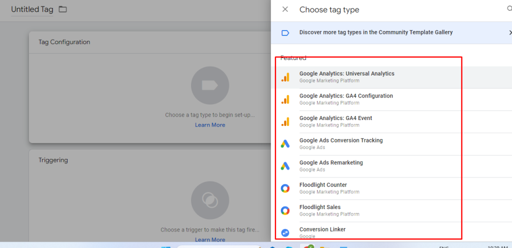 Choose tag type in GTM