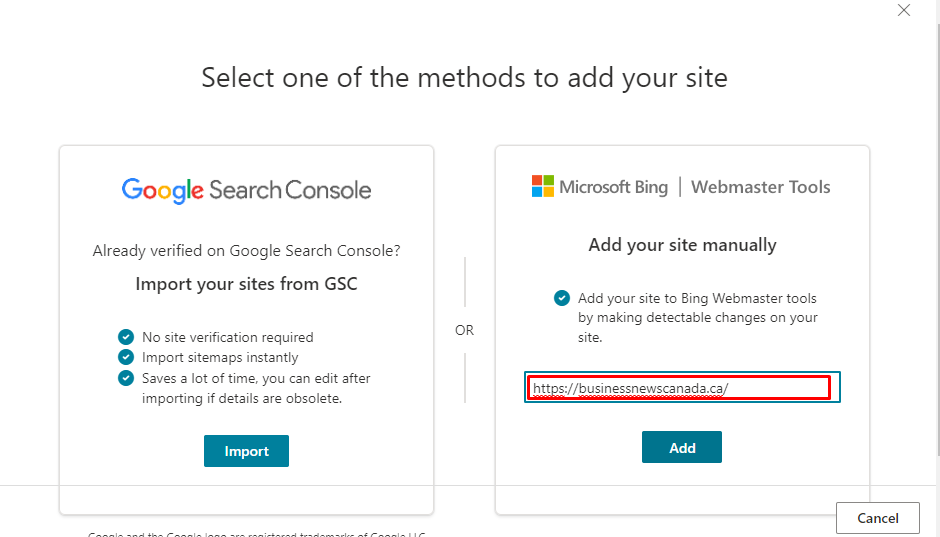 Add site Manually in Bing webmaster